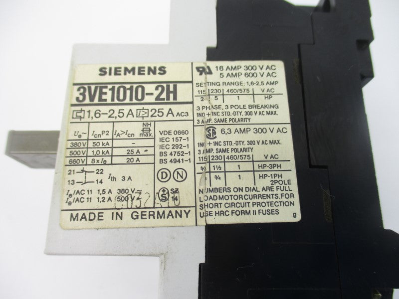 SIEMENS 3VE1010-2H 660V 1.6-2.5A UNMP