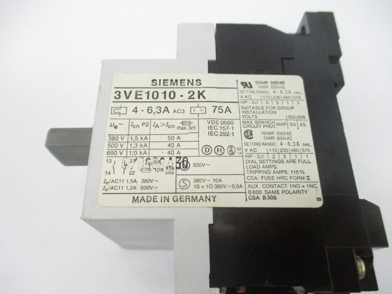 SIEMENS 3VE1010-2K 660V 4-6.3A NSNP