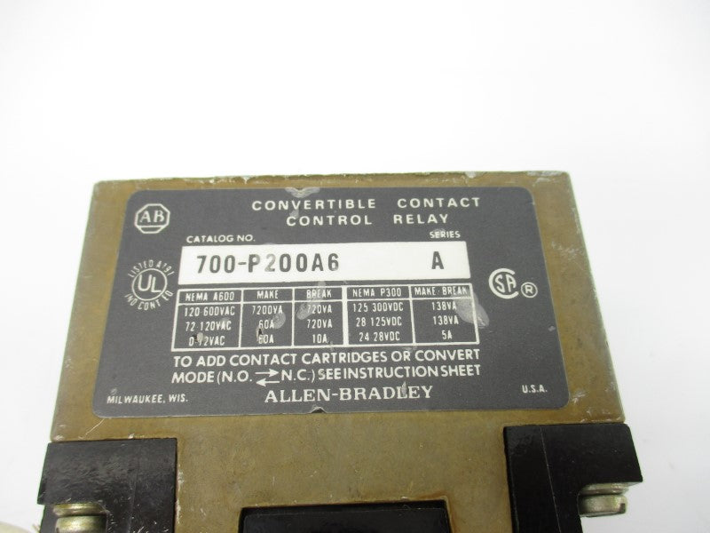 ALLEN BRADLEY 700-P200A6 SER. A 110/115-120V 60A UNMP