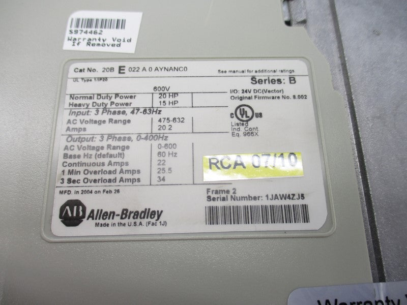 ALLEN BRADLEY 20BE022A0AYNANC0 SER. B F/W 8.002 475-632V 20.2A NSNP
