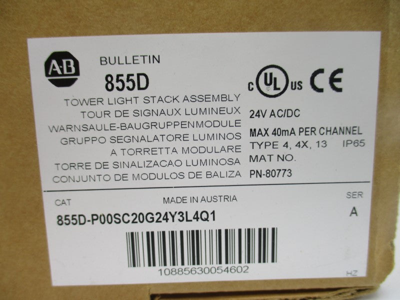 ALLEN BRADLEY 855D-P00SC20G24Y3L4Q1 SER. A 24VAC/DC (BR/WH) NSMP