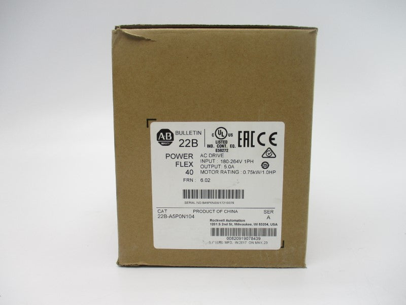 ALLEN BRADLEY 22B-A5P0N104 SER. A F/W 6.02 180-264VAC 12.0A NSMP