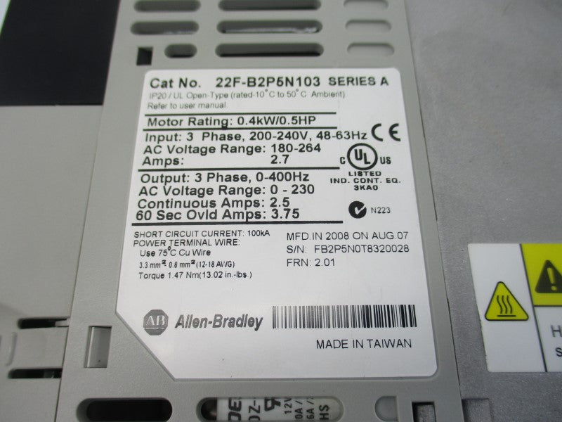 ALLEN BRADLEY 22F-B2P5N103 SER. A F/W 2.01 180-264VAC 2.7A UNMP