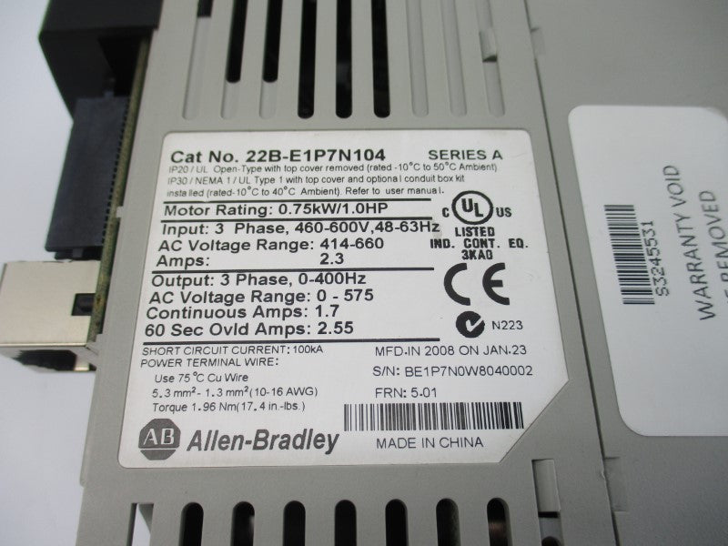 ALLEN BRADLEY 22B-E1P7N104 SER. A F/W 5.01 414-660VAC 2.3A UNMP