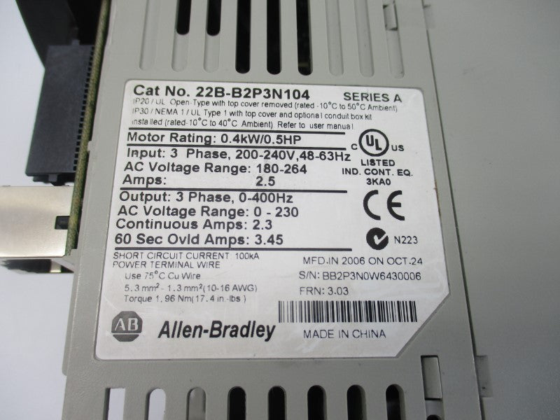 ALLEN BRADLEY 22B-B2P3N104 SER. A F/W 3.03 180-264VAC 2.5A (AS PICTURED) NSNP