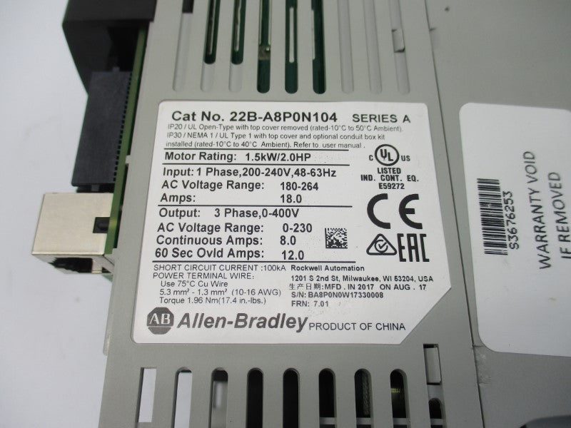 ALLEN BRADLEY 22B-A8P0N104 SER. A F/W 7.01 180-264VAC 18.0A UNMP