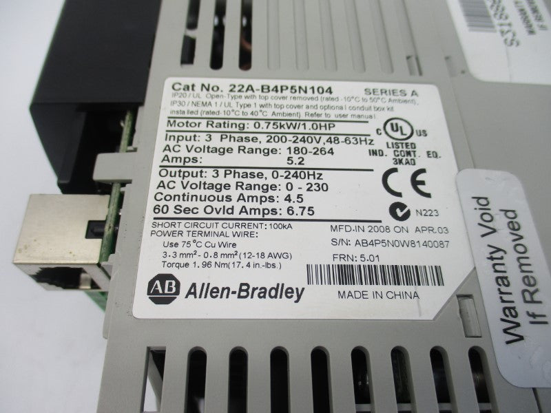 ALLEN BRADLEY 22A-B4P5N104 SER. A F/W 5.01 180-264VAC 5.2A (AS PICTURED) NSNP