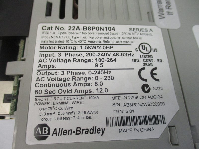 ALLEN BRADLEY 22A-B8P0N104 SER. A F/W 5.01 180-264VAC 9.5A (AS PICTURED) NSNP