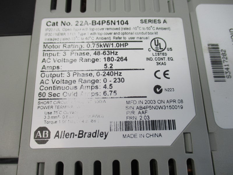 ALLEN BRADLEY 22A-B4P5N104 SER. A F/W 2.03 180-264VAC 5.2A UNMP