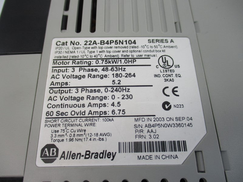 ALLEN BRADLEY 22A-B4P5N104 SER. A F/W 3.02 180-264VAC 5.2A NSNP