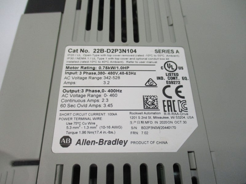 ALLEN BRADLEY 22B-D2P3N104 SER. A F/W 7.02 342-528VAC 3.2A UNMP
