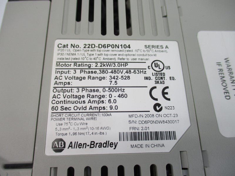 ALLEN BRADLEY 22D-D6P0N104 SER. A F/W 2.01 342-528VAC 7.5A NSNP