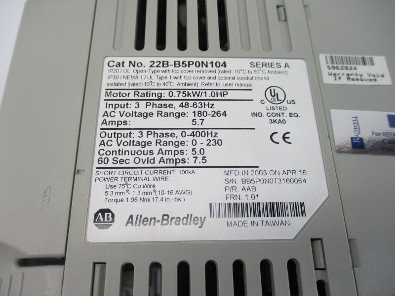 ALLEN BRADLEY 22B-B5P0N104 SER. A F/W 1.01 180-264VAC 5.7A UNMP