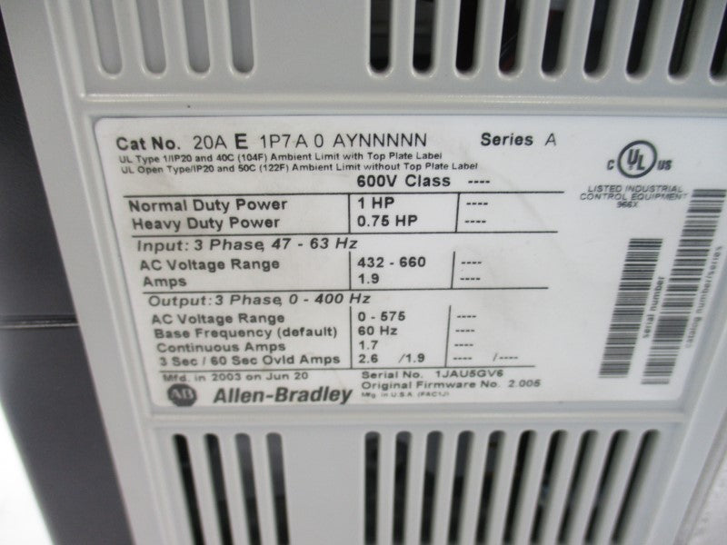 ALLEN BRADLEY 20AE1P7A0AYNNNNN SER. A F/W 2.005 432-660VAC 1.9A (AS PICTURED) NSNP