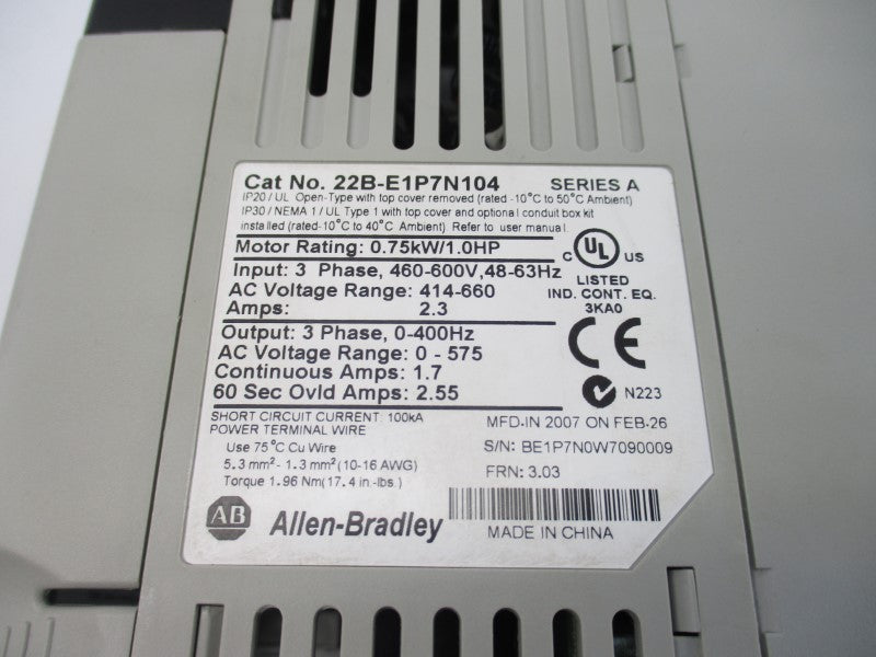 ALLEN BRADLEY 22B-E1P7N104 SER. A F/W 3.03 414-660VAC 2.3A (AS PICTURED) NSNP