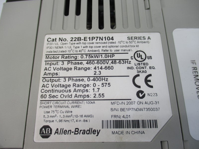 ALLEN BRADLEY 22B-E1P7N104 SER. A F/W 4.01 414-660VAC 2.3A NSNP