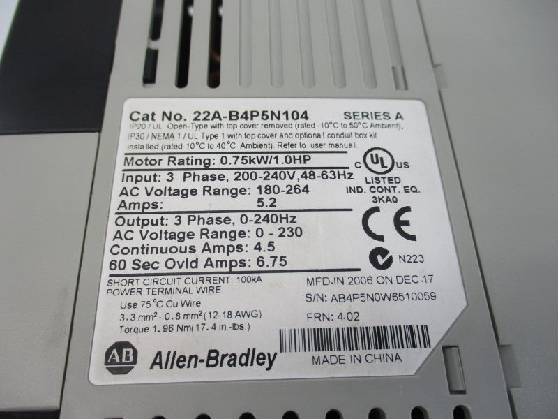 ALLEN BRADLEY 22A-B4P5N104 SER. A F/W 4.02 180-264VAC 5.2A NSNP