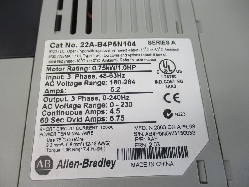 ALLEN BRADLEY 22A-B4P5N104 SER. A F/W 2.03 180-264VAC 5.2A NSNP
