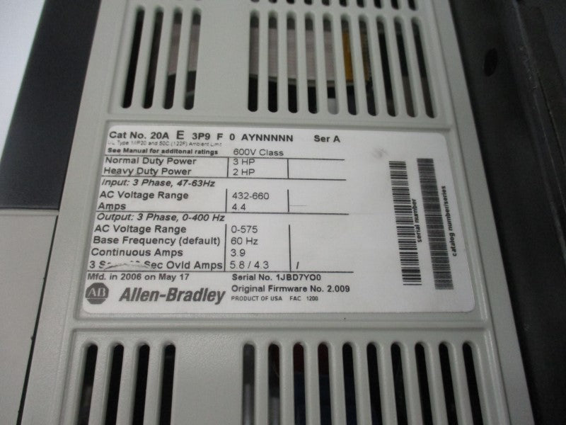 ALLEN BRADLEY 20AE3P9F0AYNNNNN SER. A F/W 2.009 432-660VAC 4.4A UNMP