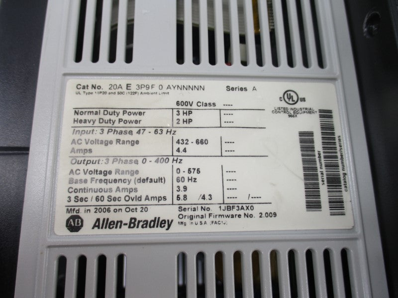ALLEN BRADLEY 20AE3P9F0AYNNNNN SER. A F/W 2.009 432-660VAC 4.4A (AS PICTURED) UNMP
