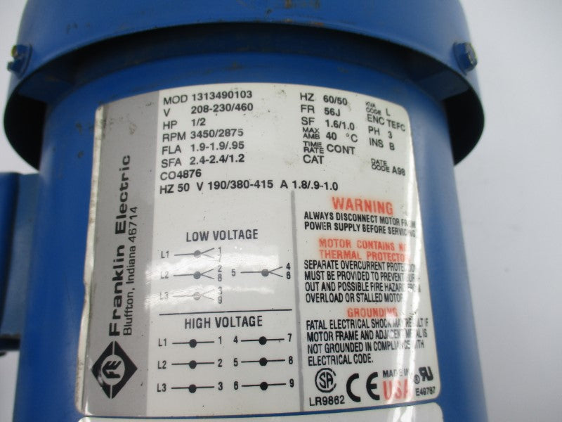 FRANKLIN ELECTRIC 1313490103 208-230/460V 1.9-1.9/.95A NSNP