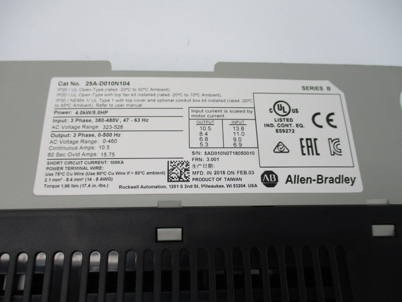 ALLEN BRADLEY 25A-D010N104 SER. B F/W 3.001  380-480V NSNP