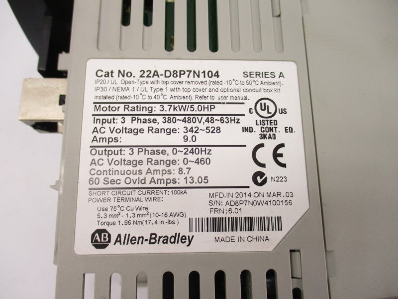 ALLEN BRADLEY 22A-D8P7N104 SER. A F/W 6.01 380-480V 9.0A UNMP