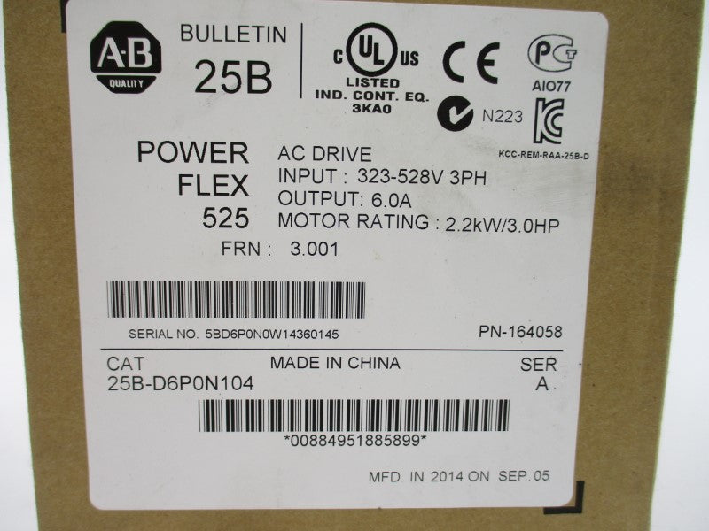 ALLEN BRADLEY 25B-D6P0N104 SER. A  F/W 3.001 323-528VAC 7.5A NSMP