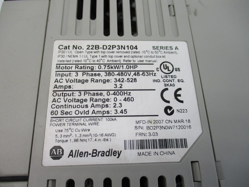 ALLEN BRADLEY 22B-D2P3N104 SER. A F/W 3.03 380-480VAC 3.2A NSNP
