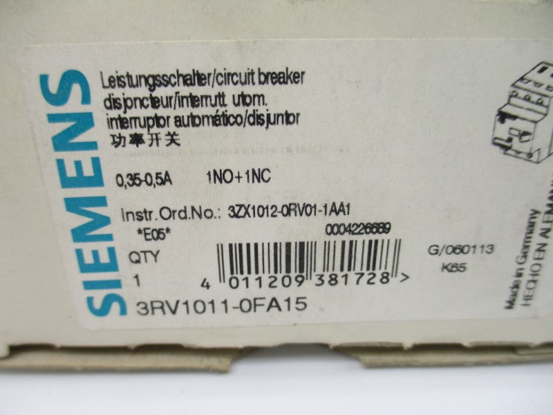 SIEMENS 3RV1011-0FA15 600V 0.35-0.5A NSMP