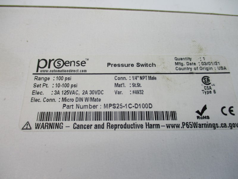 PROSENSE MPS25-1C-D100D 125VAC 3A 10-100PSI NSFS