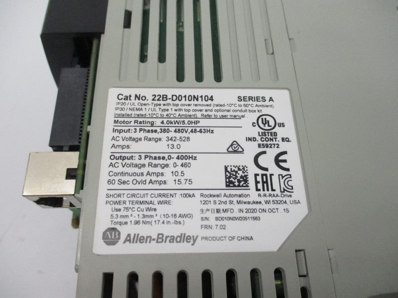ALLEN BRADLEY 22B-D010N104 SER. A F/W 7.02 342-528VAC 13.0A (AS PICTURED) UNMP