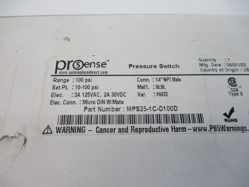 PROSENSE MPS25-1C-D100D 125VAC 3A 100PSI 1/4" NSMP
