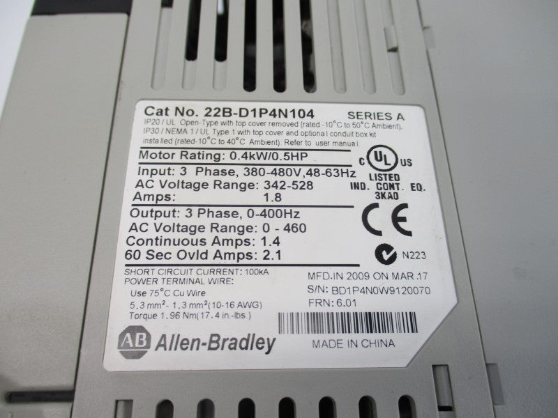 ALLEN BRADLEY 22B-D1P4N104 SER. A F/W 6.01 342-528VAC 1.8A UNMP