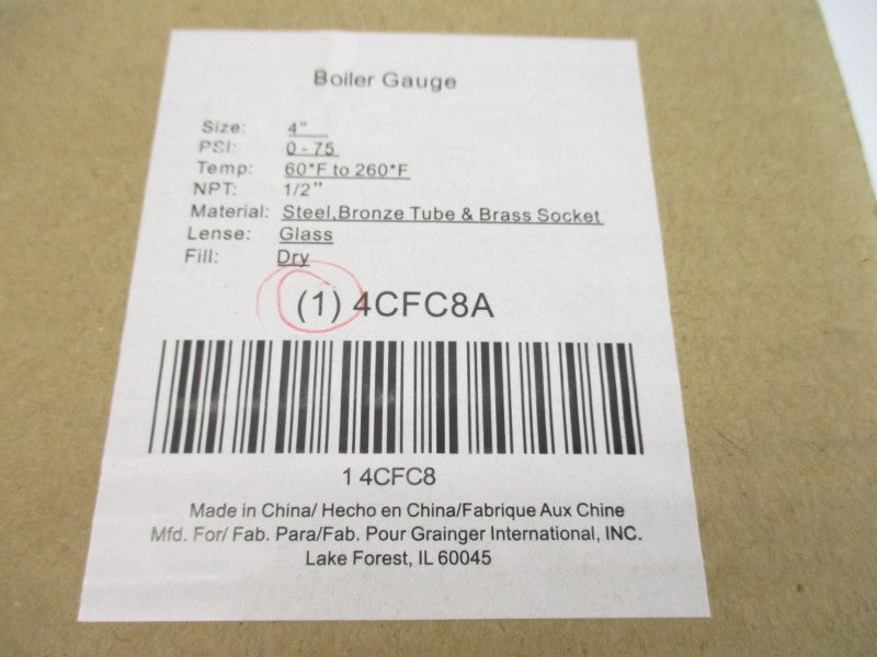 GRAINGER 4CFC8A 0-75PSI 4" NSMP