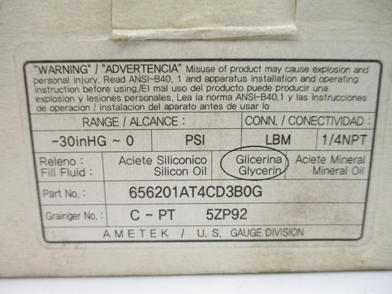 AMETEK 656201AT4CD3B0G -30INHG-0PSI NSMP