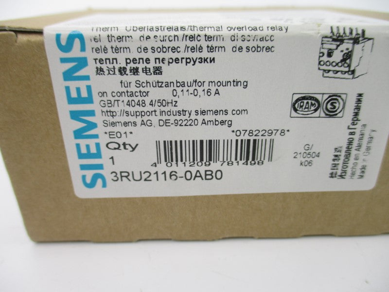 SIEMENS 3RU2116-0AB0 600VAC 0.11-0.16A NSMP