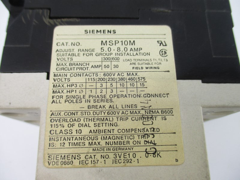 SIEMENS MSP10M 600VAC 5.0-8.0A NSNP