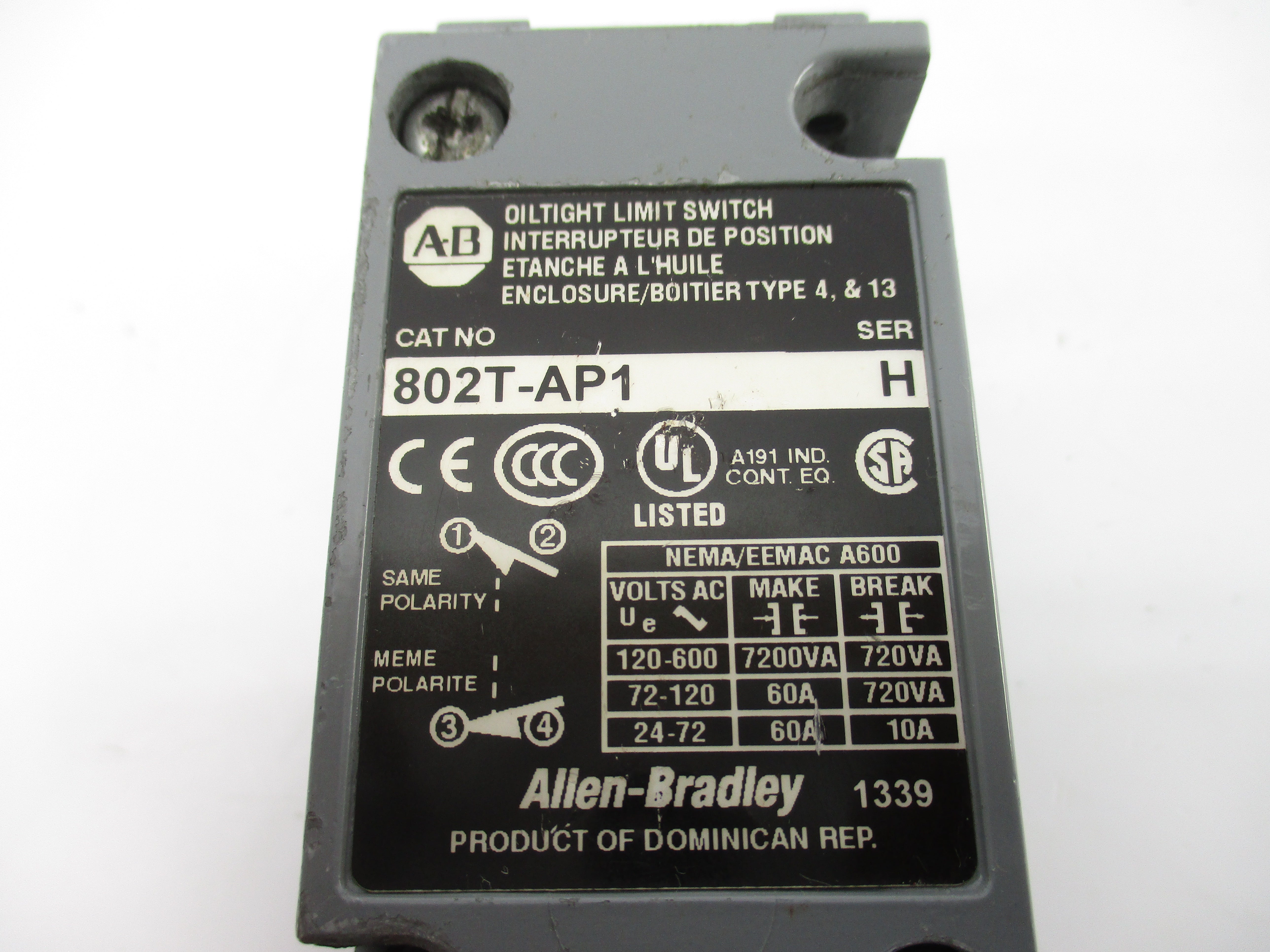 ALLEN BRADLEY 802T-AP1 SER. H 120-600VAC 60A UNMP