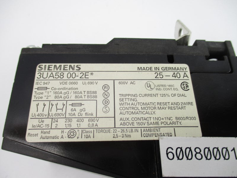 SIEMENS 3UA5800-2E 600VAC 25-40A NSNP