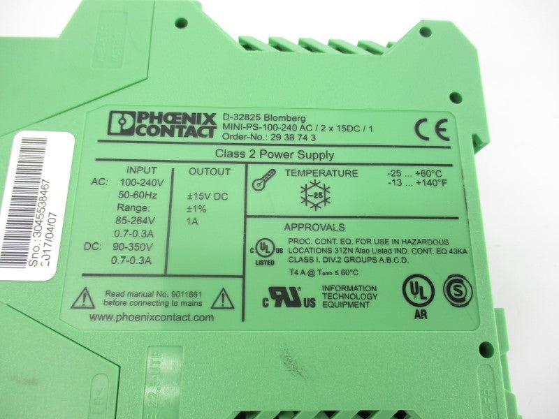 PHOENIX CONTACT MINI-PS-100-240AC/2X15DC/1 2938743 100-240VAC 0.7-0.3A NSNP