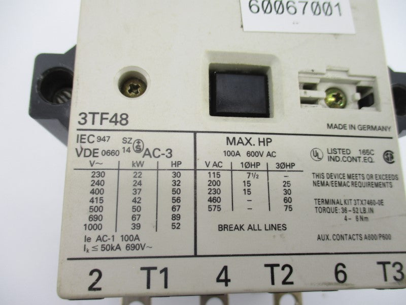 SIEMENS 3TF48 110V 100A UNMP