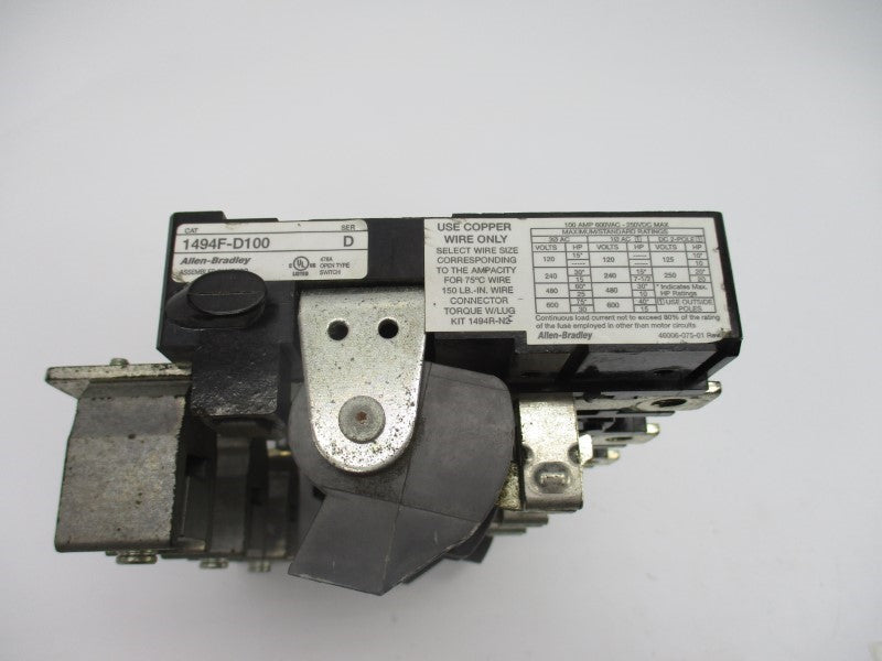 ALLEN BRADLEY 1494F-D100 SER. D 600VAC 100A UNMP