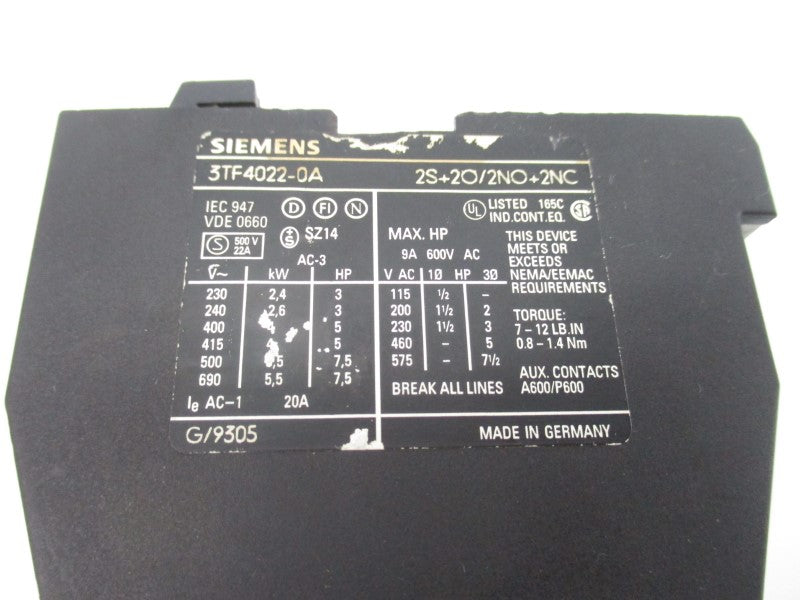 SIEMENS 3TF4022-0A 600VAC 9A UNMP