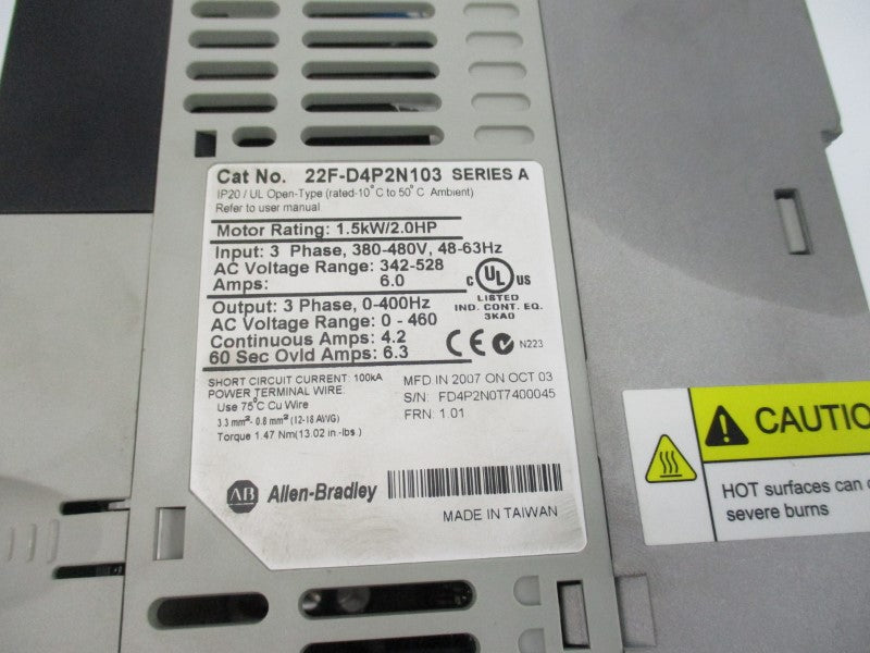 ALLEN BRADLEY 22F-D4P2N103 SER. A F/W 1.01 380-480V 6.0A NSNP