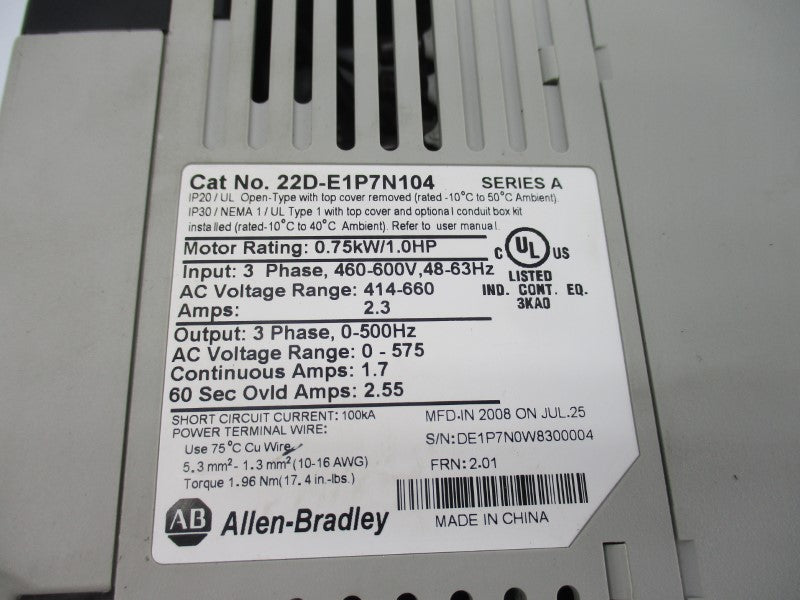 ALLEN BRADLEY 22D-E1P7N104 SER. A F/W 2.01 460-600V 2.3A UNMP