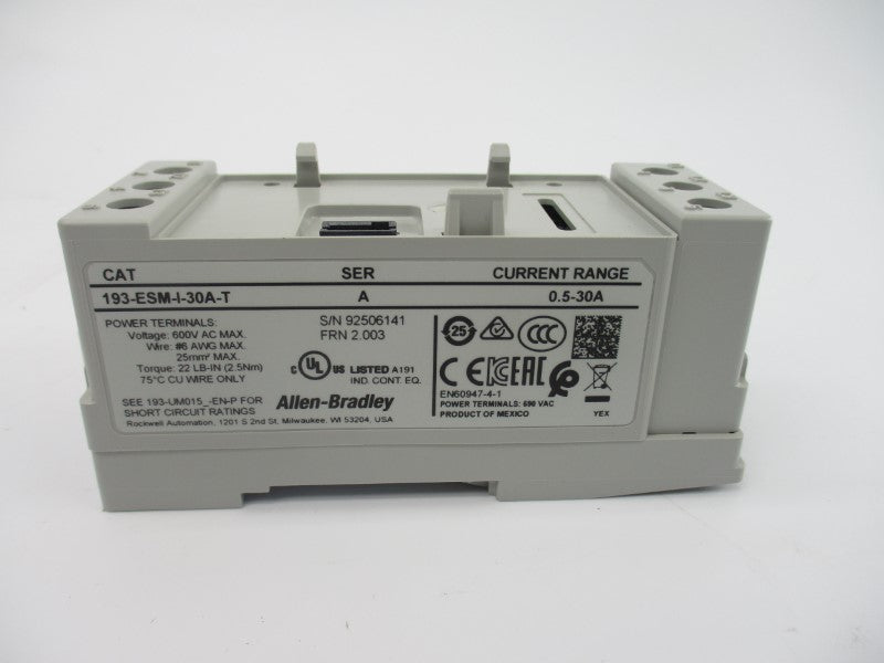 ALLEN BRADLEY 193-ESM-I-30A-T SER. A F/W 2.003 600VAC 0.5-30A (BR/WH) NSMP