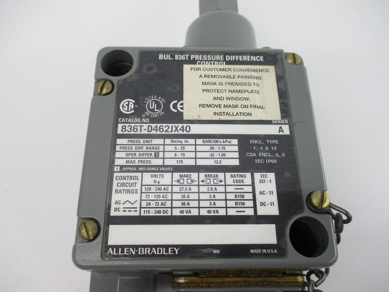 ALLEN BRADLEY 836T-D462JX40 SER. A 120-240VAC 27.5A 5-25PSI NSNP