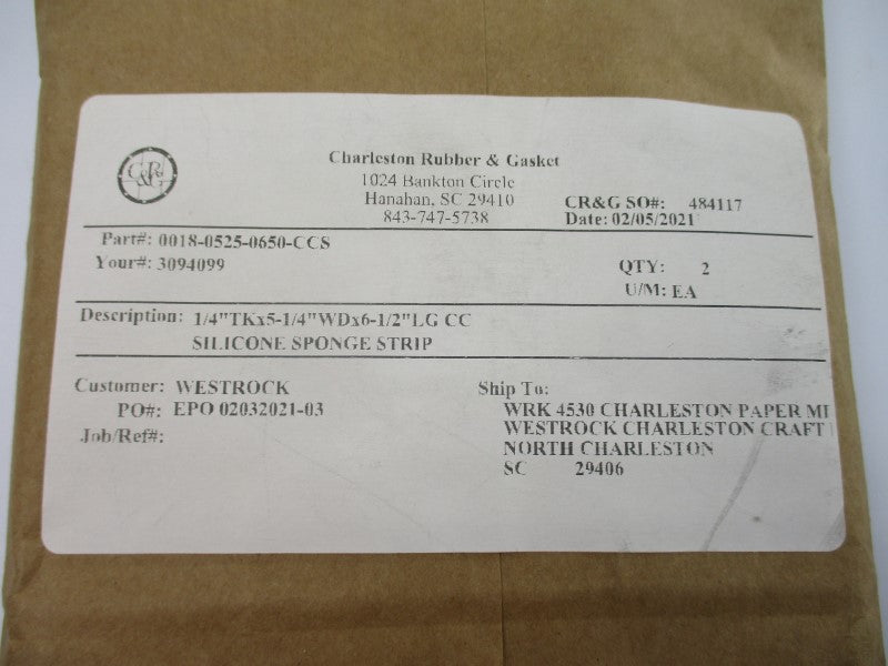 CHARLESTON RUBBER & GASKET 0018-0525-0650-CCS (PKG OF 2) NSMP