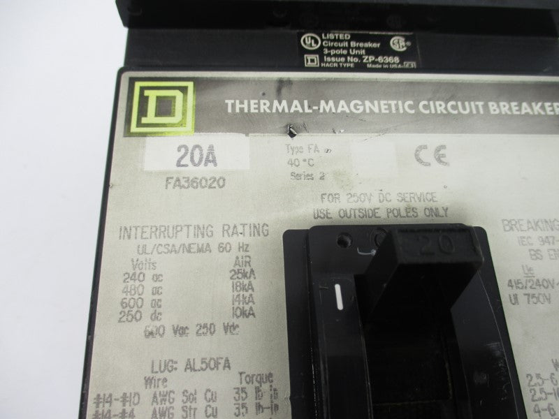SQUARE D FA36020 600V 20A UNMP